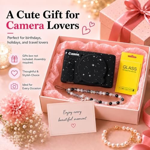 Cute Camera Case for Canon PowerShot SX740 HS/SX730 HS,Silicone Protective Cover with Removable Lens Cap,Wrist Strap & 2 Pack Tempered Glass Screen Protector for Women (Black Star) - Image 7