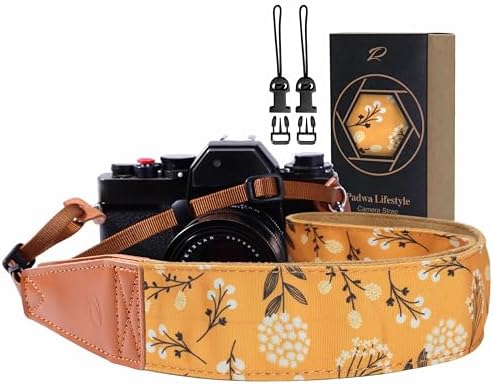 Padwa Lifestyle Camera Strap - 2" Full Grain Leather Ends Camera Straps for Photographers, Vintage Embroidered Cotton Weave Soft Suede Fabric Padded Strap Quick Release fits All Cameras by PadwaLifestyleCameraStrap