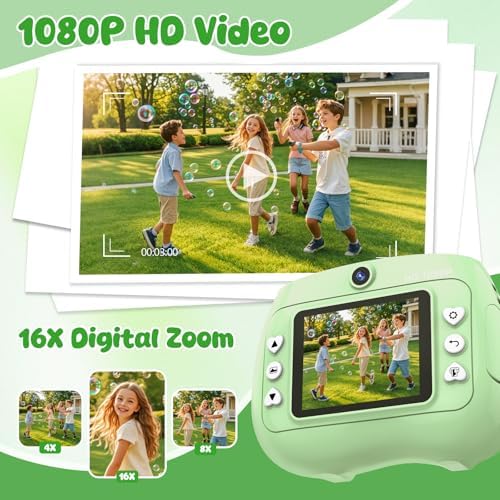 Kids Camera Instant Print 1080P Front Rear Dual Selfie - Toddler Cameras with Digital Video Games,32GB & 5-Color Print Paper/ 250 Photos,Easy to Use & Great Toys Gifts for Boys Girls, Ages 3-12 Green - Image 7