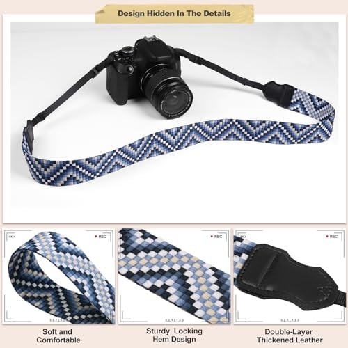 Universal Camera Strap - Camera Neck Strap, Adjustable Shoulder Straps Compatible with Canon, Fujifilm, Nikon, Olympus, Panasonic and other SLR and mirrorless cameras - Blue White Gquares - Image 5