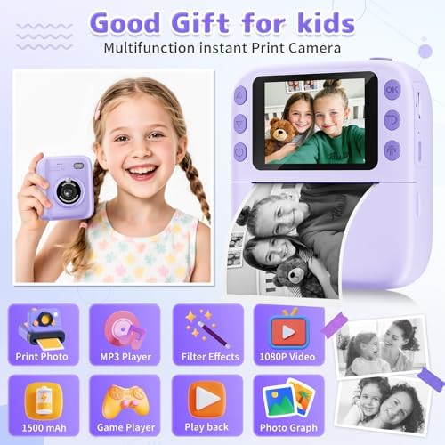 Instant Print Camera for Kids, Christmas Birthday Gifts for Girls Boys, 1080P Instant Digital Print Cameras for Toddler,Portable Toy for 4 5 6 7 8 9 10 Year Old Girl with 32GB SD Card，Purple - Image 2
