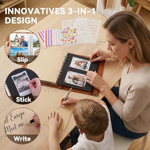 Vintage PU Leather DIY Scrapbook, 6-Ring Refillable 180° Lay Flat Photo Album Holds 220 4x6 Photos, 25 Blank Pages, Gift for Wedding Baby Travel Family- Brown - Image 4