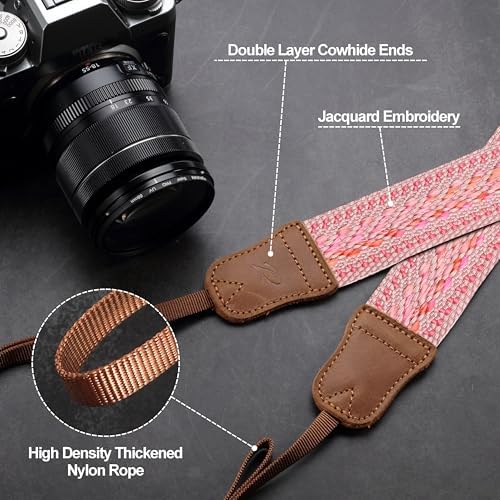 Padwa Lifestyle Speed Pink Camera Strap - 1.5" Soft Cotton Rope Weave Crazy Horse Cowhide Head Camera Straps for Photographers and All Cameras,Cute Adjustable Vintage Woven Strap for Adults & Kids - Image 4