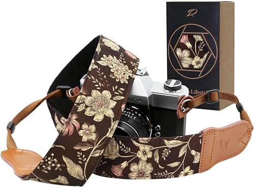 Padwa Lifestyle Japanese Brown Printed Floral Camera Strap - 2" Wide Double Layer Cowhide Head Camera Straps for Photographers, Universal Neck & Shoulder Cotton Padded Vintage Strap for Cameras by PadwaLifestyleCameraStrap
