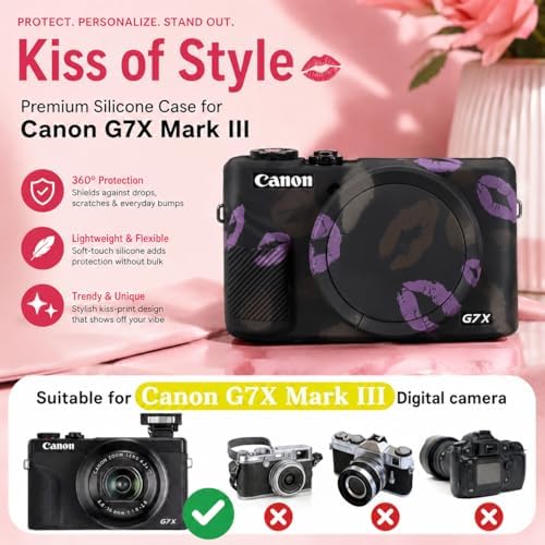 Cute Camera Case for Canon G7X Mark III,Silicone Protective Cover with Removable Lens Cap,Bracelet Wrist Strap & 2 Pack Tempered Glass Screen Protector for Women (Black Lips) - Image 2