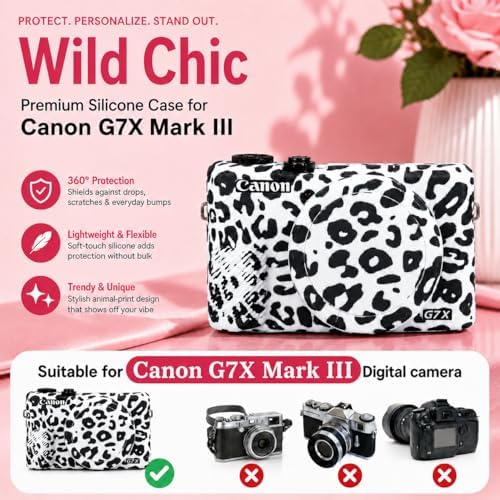 Cute Camera Case for Canon G7X Mark III,Silicone Protective Cover with Removable Lens Cap,Bracelet Wrist Strap & 2 Pack Tempered Glass Screen Protector for Women (White Leopard) - Image 2