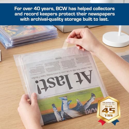 BCW Newspaper Bags – 100ct | Acid-Free Newspaper Protector Sleeves | 13 3/8" x 11 7/8" | 1½" Fold-Over Flap Closure | Clear Archival Newspaper Storage Bags - Image 3