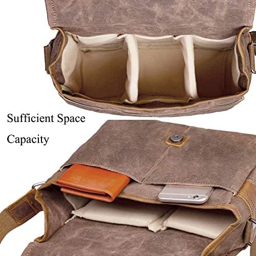 SLR Camera Bag, Waterproof Wax Canvas Bag Vintage Camera Case Messenger Bag with Interlayer Pad - Image 3