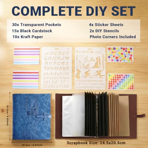 Vintage PU Leather DIY Scrapbook, 6-Ring Refillable 180° Lay Flat Photo Album Holds 220 4x6 Photos, 25 Blank Pages, Gift for Wedding Baby Travel Family - Blue - Image 2