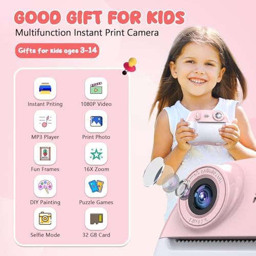 Kids Camera Instant Print 1080P Front Rear Dual Selfie - Toddler Cameras with Digital Video Games,32GB & 5-Colored Print Paper/ 250 Photos,Easy to Use & Great Toys Gifts for Boys Girls, Ages 3-12 - Image 2