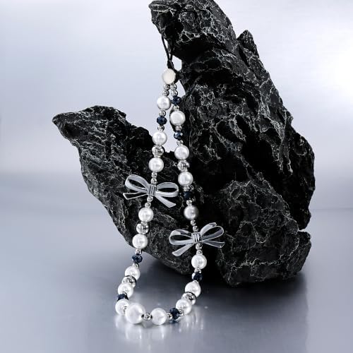 Cell Phone Charm Strap Pearl Beaded Elegant Dark Crystal Camera Lanyard Wrist Luxury Aesthetic Cute Chain Bracelet Handmade Chic Wristlet Accessories for iPhone Samsung Women Girls Silver Bow Faux - Image 4