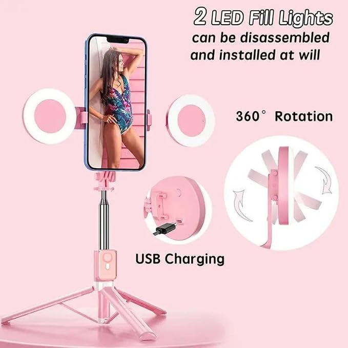 Selfie Stick Tripod with Light and Bluetooth Remote, 67" Extendable Mini Tripod Stand for iPhone Samsung Android, 6 in 1 Wireless Selfie Stick for TikTok YouTube Live Streaming(Pink) - Image 3