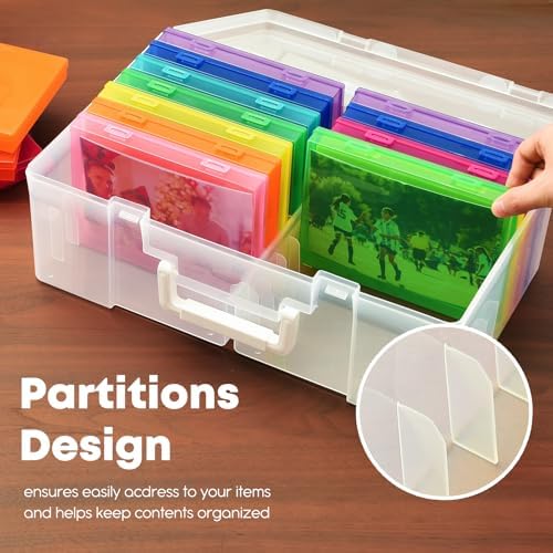 ALINK Photo Storage Box 5" x 7" with Handle, 18 pcs Inner Photo Container Organizer and Craft Keeper, Portable Picture Case with Label for Arts, Crafts, Sewing, Stickers, Office Supplies - Colored - Image 4
