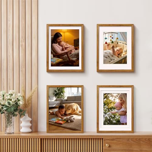 Egofine 12x16 Picture Frames Set of 4, Made of Solid Wood Covered by Plexiglass 9x12 and 11x14 with Mat or 12x16 without Mat, for Wall Mounting Photo Frame, Teak Wood - Image 6