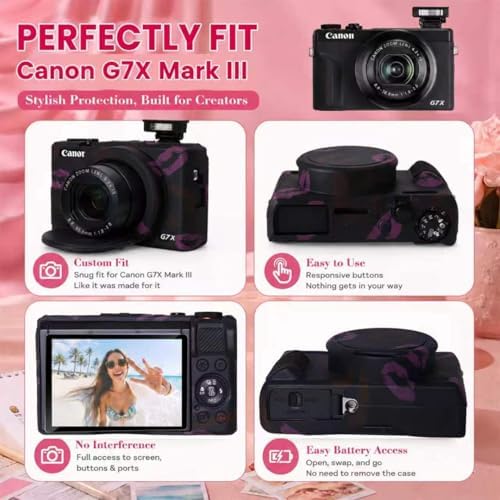 Cute Camera Case for Canon G7X Mark III,Silicone Protective Cover with Removable Lens Cap,Bracelet Wrist Strap & 2 Pack Tempered Glass Screen Protector for Women (Black Lips) - Image 5