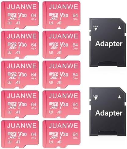 JUANWE 10 Pack 64GB Micro SD Card 64 GB Memory Card MicroSDXC SD Card 64GB TF Cards UHS-I A1 U3 V30 for 4K Video Recording (10 Pack, Pink) by JUANWE