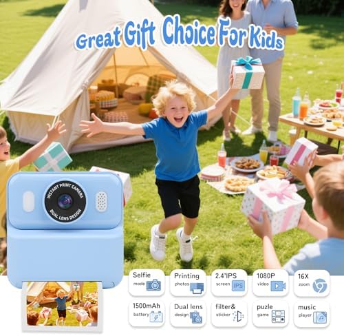 Kids Instant Print Camera,32GB Card, Dual Lens 1080P HD Video Camera for Boys Girls, Thermal Print Toy Camera, 16X Zoom, 2.4" IPS Screen, Puzzle Games, Christmas Birthday Gift for Kids 3-12(Blue) - Image 2