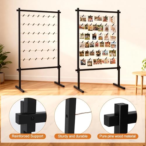 Collage Picture Frame,Photo Display Board with Clips,Wood Pictures Photos Frames With Stand for Wedding Graduation Party Birthday Greeting Letter Christmas Cards Holder Organizer,2PCS,53",Black - Image 6