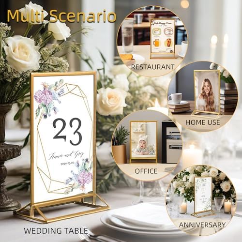 6 Pack Acrylic Sign Holder 5x7" Photo Frames, Double-sided Clear Menu Holder Gold Picture Frames for Wedding Table Numbers, Table Top Display Sign Stand Plastic Flyer Holder Vertical Paper Holder - Image 4