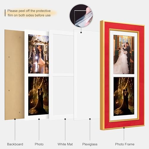 Suede 6x15 Picture Frame Display 2 Opening 5x7 Double Picture Frames Collage Wall Decor with Mat,Multi Photo Frame for Plexiglass,Wall Decor,1Pack,Red - Image 2