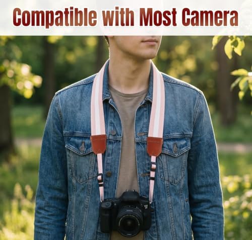 Pink Camera Strap Cute, Adjustable Woven Camera Neck&Shoulder Straps for Canon, Fujifilm, Sony, Nikon, Minolta, Panasonic DSLR(Striped Pink) - Image 5