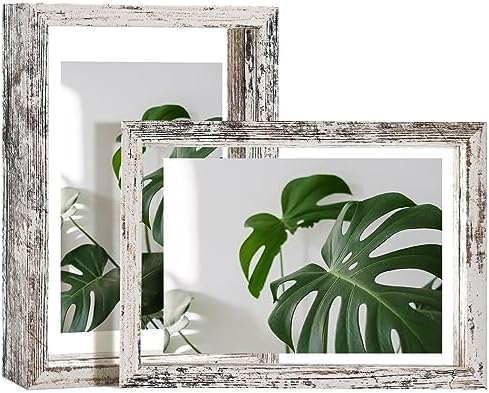 Egofine Distressed White 5x7 Floating Frames Set of 2, Double Plexiglass Picture Frame, Made of Solid Wood Display Any Size Photo up to 5x7, Wall Mount or Tabletop Standing by Egofine