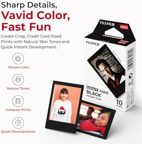 FUJIFILM Instax Mini Black Instant Film (20 Shots) + 4 AA Batteries + BluebirdSales Microfiber Cleaning Cloth – Creative Photography Bundle (20 Sheets Black Frame) - Image 4