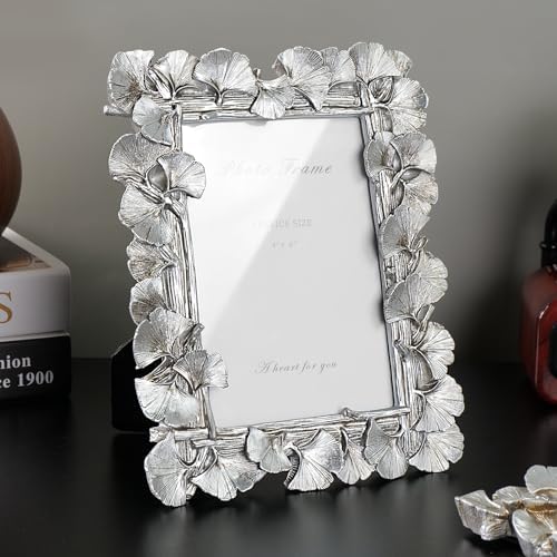 Cuspin 4x6 Silver Picture Frame, Vintage Ornate Leaf Textured Resin Frame - Image 4