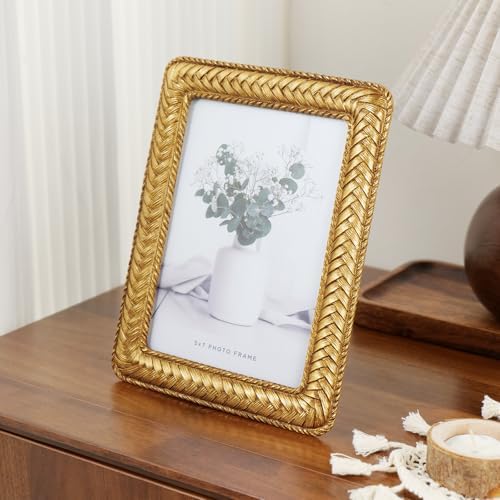 Cuspin 5x7 Gold Picture Frame Vintage Decorative Rattan Resin Photo Frame - Image 3