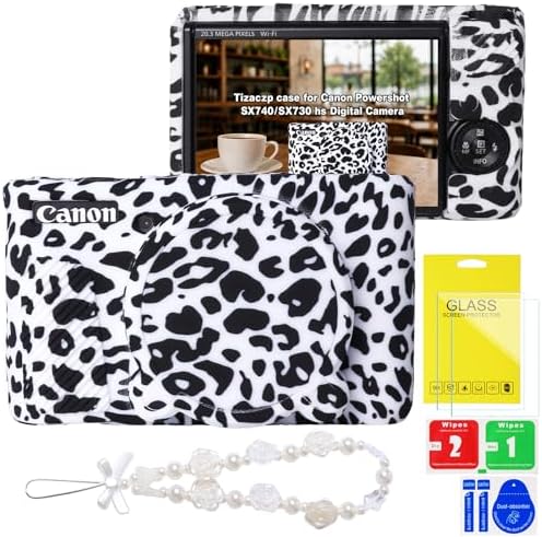 Cute Camera Case for Canon PowerShot SX740 HS/SX730 HS,Silicone Protective Cover with Removable Lens Cap,Wrist Strap & 2 Pack Tempered Glass Screen Protector for Women (White Leopard) by Tizaczp