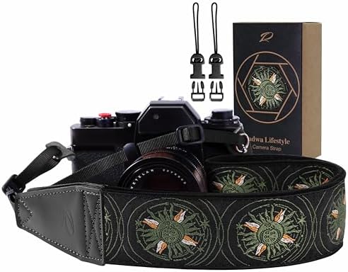 Padwa Lifestyle Green Sun God Camera Strap - 2" Full Grain Leather Ends Camera Straps for Photographers, Vintage Embroidered Cotton Soft Suede Fabric Padded Strap Quick Release fits All Cameras by PadwaLifestyleCameraStrap