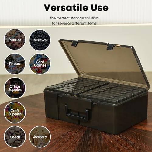 ALINK Photo Storage Box 5" x 7" with Handle, 18 pcs Photo Container Organizer and Craft Keeper, Portable Picture Case with Label for Arts, Crafts, Sewing, Stickers, Office, Seeds - Black - Image 4