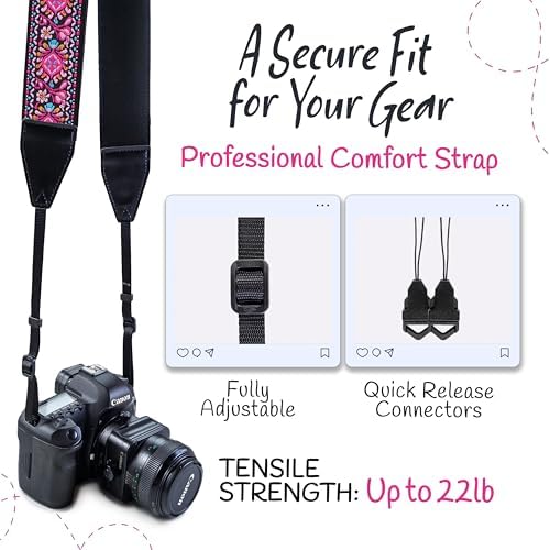 Camera Strap - Shoulder, Crossbody & Neck Camera Strap for Photographers, Fits All Cameras, Canon Nikon Sony Fujifilm, Padded Strap W/ Quick Release, Embroidered Cotton & Leather Ends, Pink - Image 4