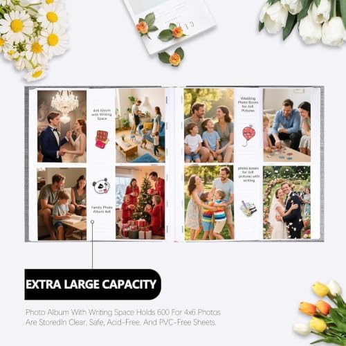 600 Pocket 4x6 Photo Album with Writing Space, Linen Cover, Grey - Image 3
