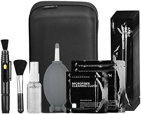 Movo Deluxe Essentials DSLR Camera Cleaning Kit with 10 APS-C Cleaning Swabs, Sensor Cleaning Fluid, Rocket Air Blower, Lens Pen, Soft Brush, 2X Small and 2X Large Microfiber Cloths and Carrying Case by Movo