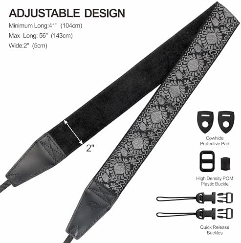 Padwa Lifestyle Camera Strap - 2" Full Grain Leather Ends Camera Straps for Photographers, Vintage Embroidered Cotton Weave Soft Suede Fabric Padded Strap Quick Release fits All Cameras - Image 6