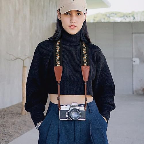 Padwa Lifestyle Camera Strap - 2" Full Grain Leather Ends Camera Straps for Photographers, Vintage Embroidered Cotton Weave Soft Suede Fabric Padded Strap Quick Release fits All Cameras - Image 5