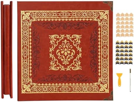 Photo Album Large 4x6 Pictures,Artificial Leather Photo Album Scrapbook 11.02"x11.46", Vintage 80 Pages DIY Self Adhesive Pages Memory Book for Wedding with Metal Pen,Light Brown by Unknown