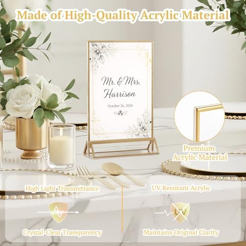 EHWINE 2 Pack Acrylic Sign Holder 5 x 7, Double Sided Gold Picture Frame Stand up Table Top Sign Holders, Clear Display Stand Menu Flyer Holder for Wedding Party - Image 3