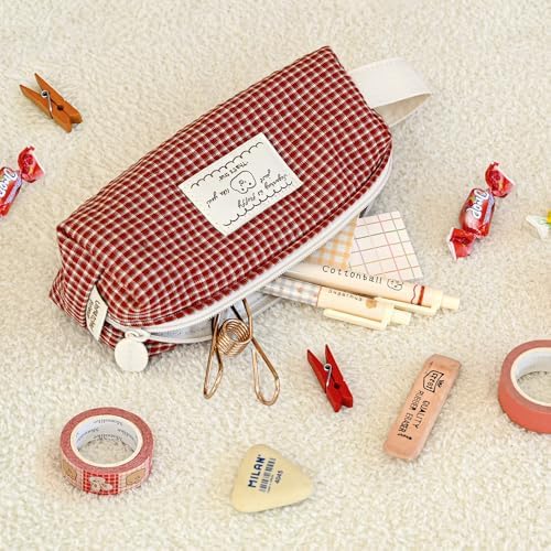 Monolike Unmatched Friends Fabric Check Block Pencil Case, Vintage red - Aesthetic Gingham Pastel Desk Organizer, Soft Padded Makeup Brush Case, Trendy Minimalist Stationery Pouch - Image 3