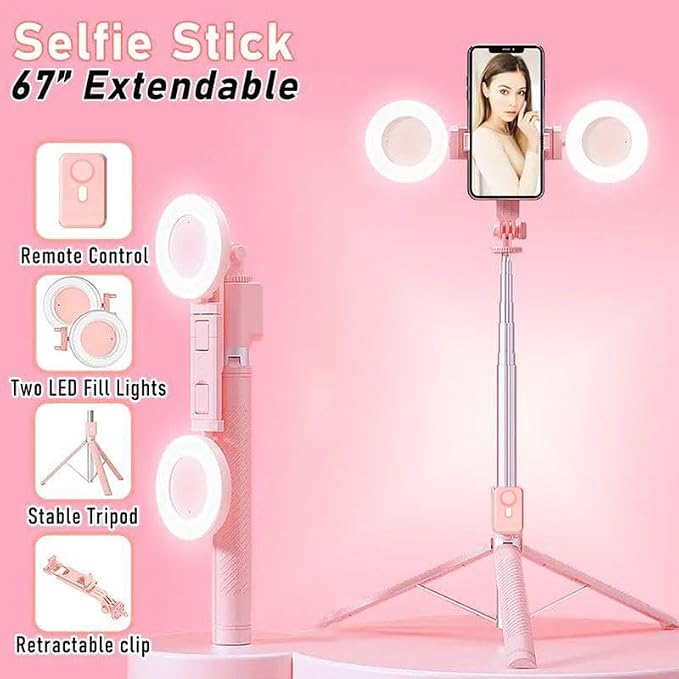 Selfie Stick Tripod with Light and Bluetooth Remote, 67" Extendable Mini Tripod Stand for iPhone Samsung Android, 6 in 1 Wireless Selfie Stick for TikTok YouTube Live Streaming(Pink) - Image 5