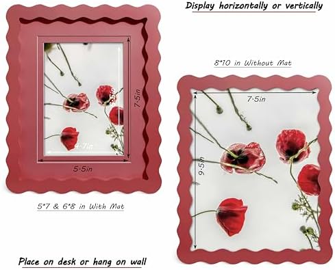 8x10 Red Picture Frame with Mat for 5x7/6x8, Curved Wavy Edge Deco Wooden Real Glass, Vertical or Horizontal Display Photo Gallery Wall & Tabletop Frame - Image 3