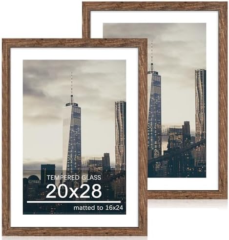 20x28 Poster Frame Set of 2, 20 x 28 Wood Picture Frames with Mat for 16x24, Wooden Photo Frame with Tempered Glass Cover for Wall Mounting Display, Rustic Brown by CCDCC