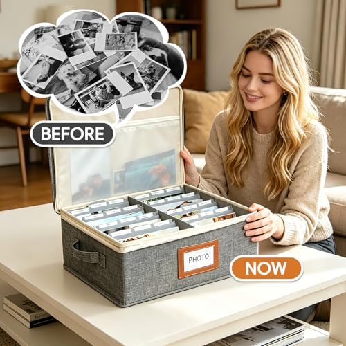 Linen Photo Storage Box with Zipper Lid & Side Handle and Adjustable Dividers,Holds Up to 2000 4x6 Pictures, Memory Keepsake Box for Wedding,Baby, Cards, Stamps, Grey - Image 6