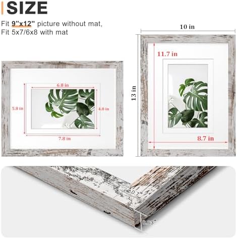 Egofine 9x12 Picture Frames Set of 4, Made of Solid Wood Covered by Plexiglass 5x7 and 6x8 with Mat or 9x12 without Mat, for Table Top Display and Wall Mounting Photo Frame, Rustic White - Image 3