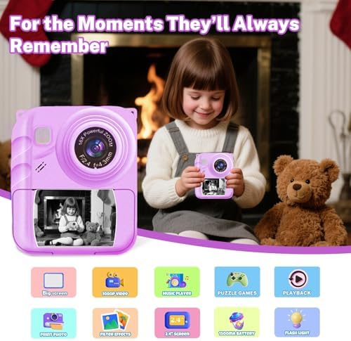 Instant Print Camera for Kids, 1080P Video Camera with 3 Print Rolls - Image 2
