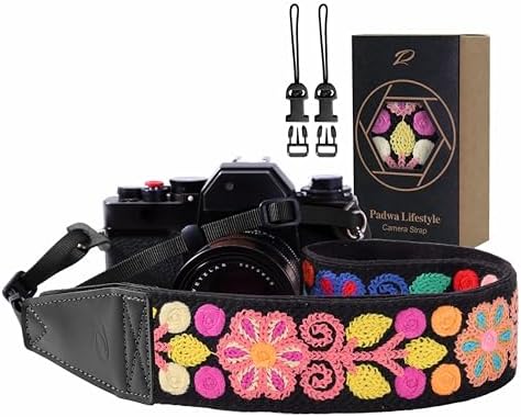 Padwa Lifestyle Colorful Crochet Camera Strap - 2" Full Grain Leather Ends Camera Straps for Photographers, Vintage Woven Cotton Soft Suede Fabric Padded Strap with Quick Release fits All Cameras by PadwaLifestyleCameraStrap