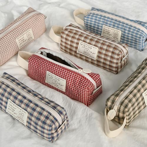 Monolike Unmatched Friends Fabric Check Block Pencil Case, Vintage blue - Aesthetic Gingham Pastel Desk Organizer, Soft Padded Makeup Brush Case, Trendy Minimalist Stationery Pouch - Image 6