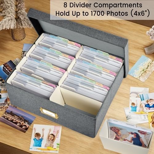 Linen Photo Storage & Keepsakes Box with Dividers for Cards & Photos - Image 2