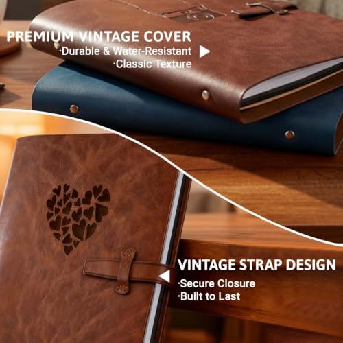 Vintage PU Leather DIY Scrapbook, 6-Ring Refillable 180° Lay Flat Photo Album Holds 220 4x6 Photos, 25 Blank Pages, Gift for Wedding Baby Travel Family - Image 6
